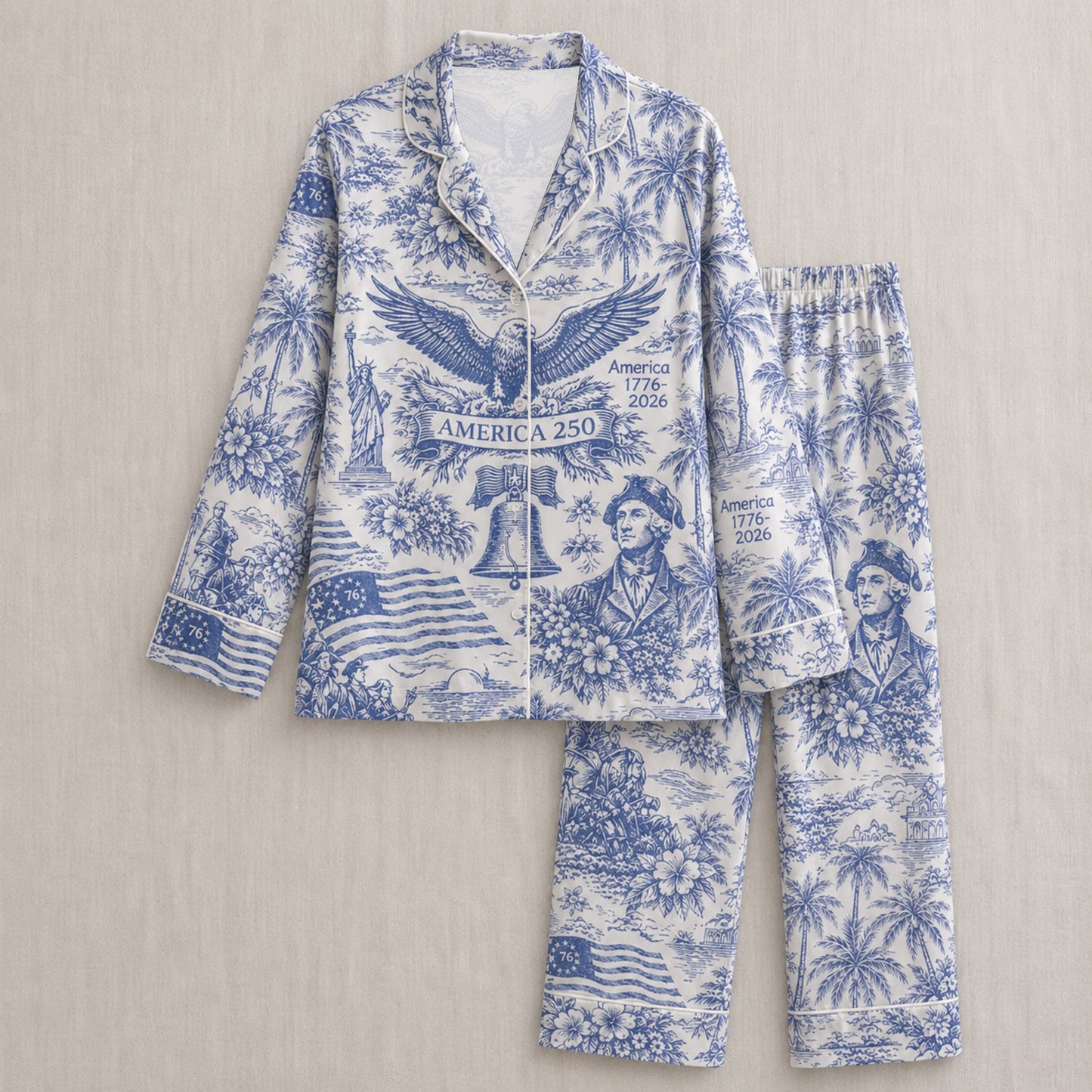 PJ-025-Satin America 250 Toile White Piping Button Up Long/Short Pajama Set FREE SHIPING