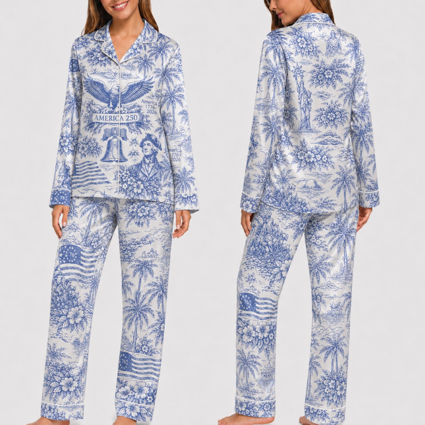 PJ-025-Satin America 250 Toile White Piping Button Up Long/Short Pajama Set FREE SHIPING