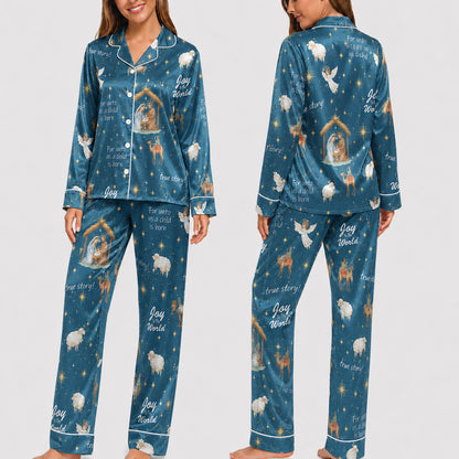 PJ-026-'Joy to the World' White Piping Button Up Long/Short Pajama Set FREE SHIPING