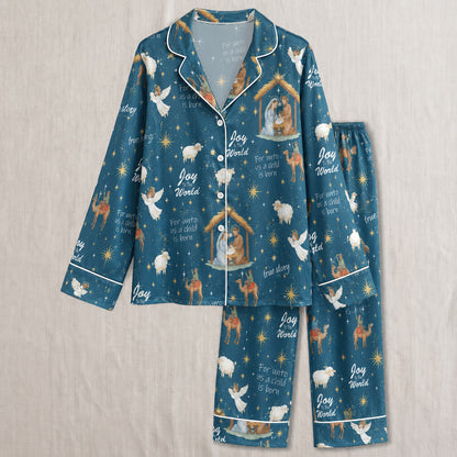 PJ-026-'Joy to the World' White Piping Button Up Long/Short Pajama Set FREE SHIPING