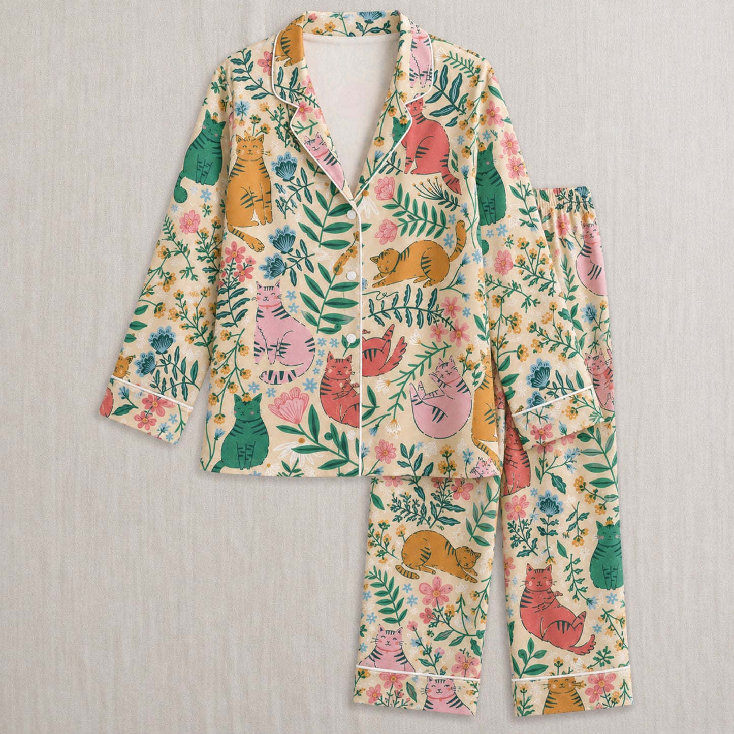 PJ-027-Satin Floral Cat White Piping Button Up Long/Short Pajama Set FREE SHIPING