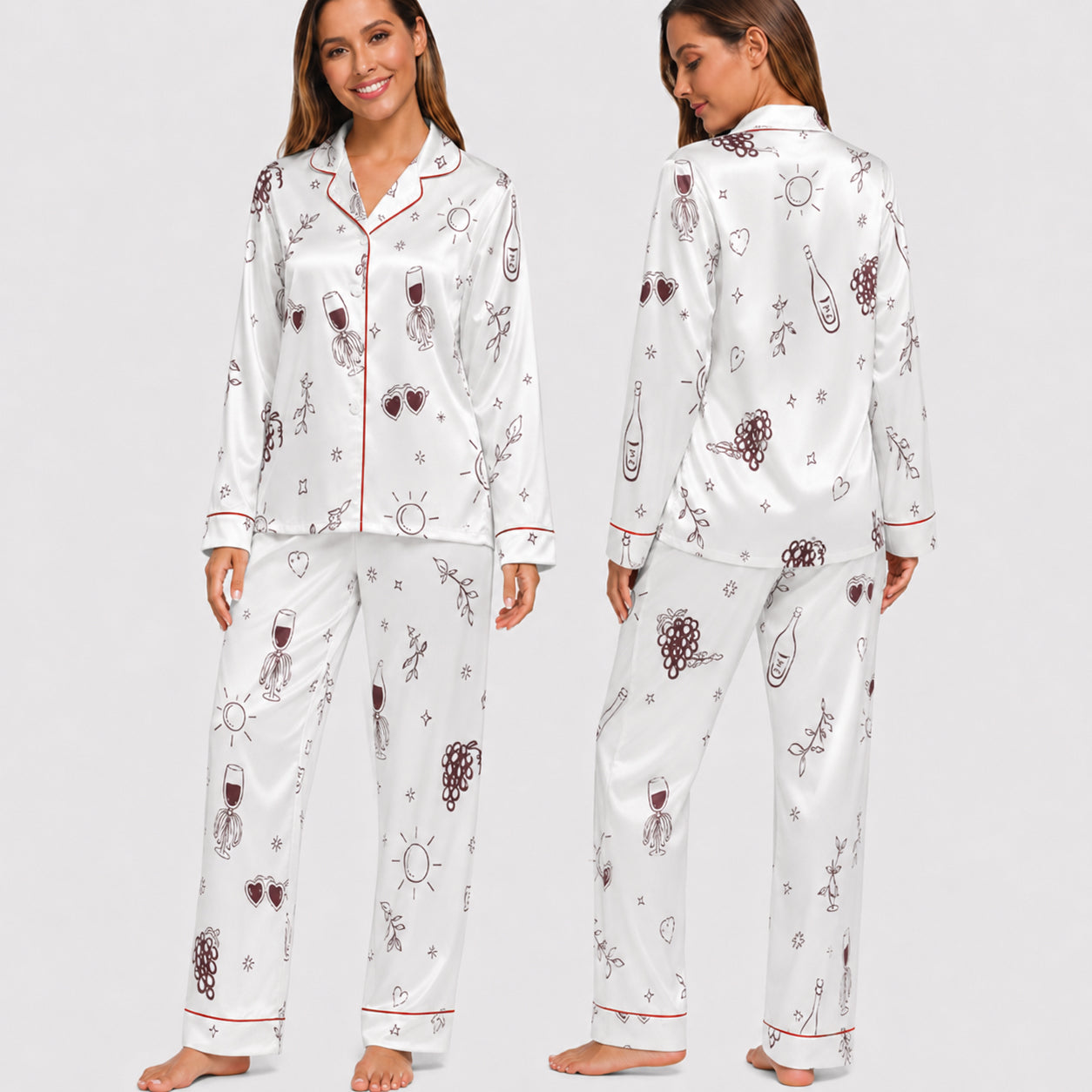 PJ-028-Satin Wine Print Burgundy Piping Button Up Long/Short Pajama Set FREE SHIPING
