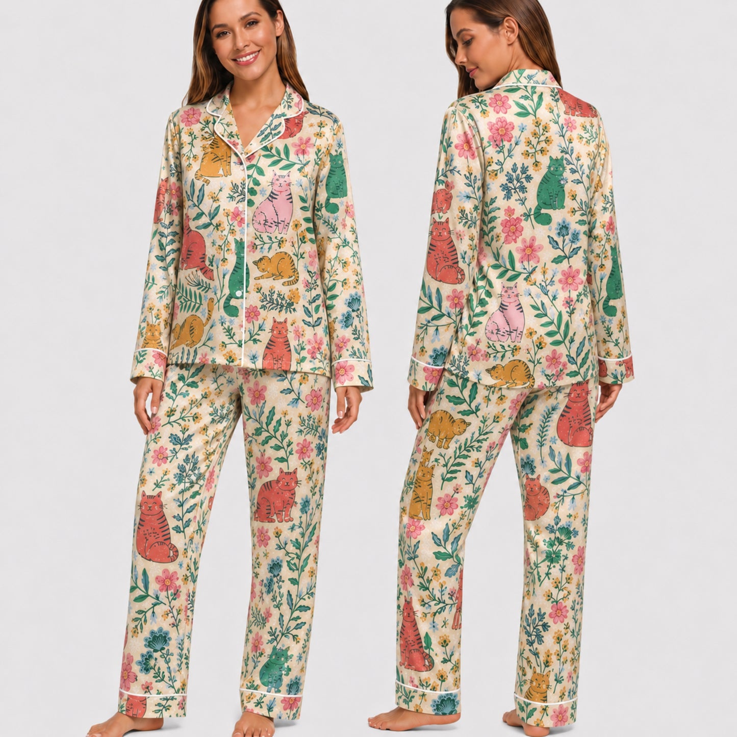 PJ-027-Satin Floral Cat White Piping Button Up Long/Short Pajama Set FREE SHIPING