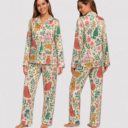 PJ-027-Satin Floral Cat White Piping Button Up Long/Short Pajama Set FREE SHIPING