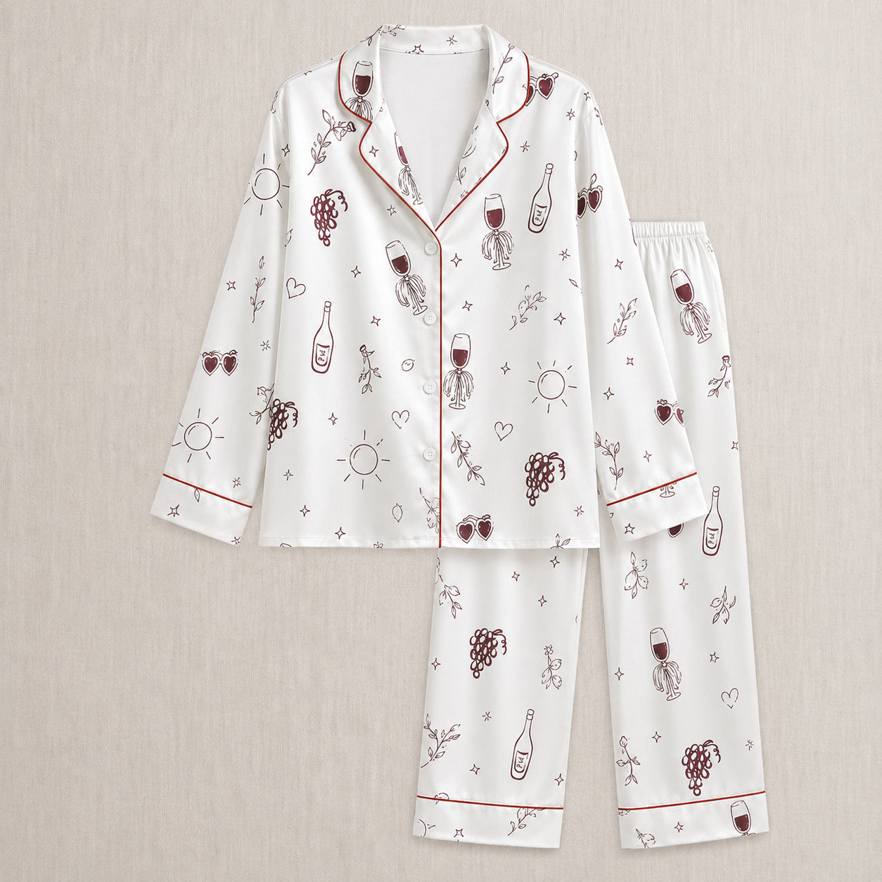 PJ-028-Satin Wine Print Burgundy Piping Button Up Long/Short Pajama Set FREE SHIPING