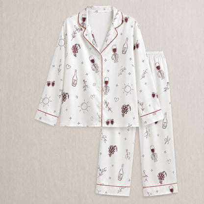 PJ-028-Satin Wine Print Burgundy Piping Button Up Long/Short Pajama Set FREE SHIPING