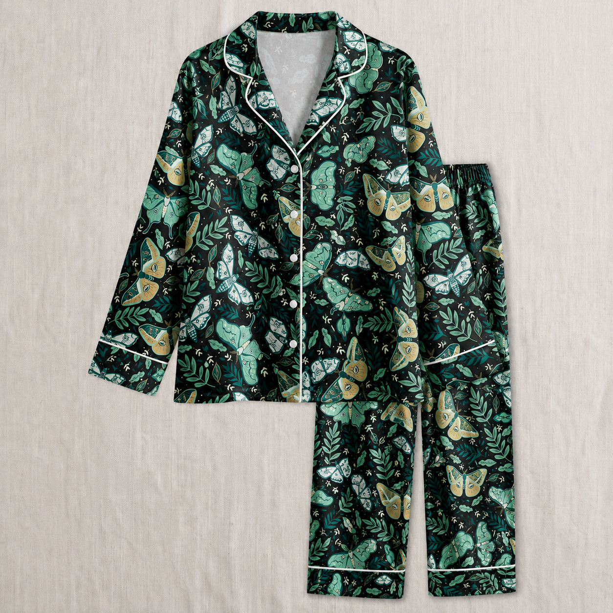 PJ-029-Satin Wine Print Burgundy Piping Button Up LongG Pajama Set FREE SHIPING