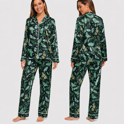 PJ-029-Satin Wine Print Burgundy Piping Button Up LongG Pajama Set FREE SHIPING
