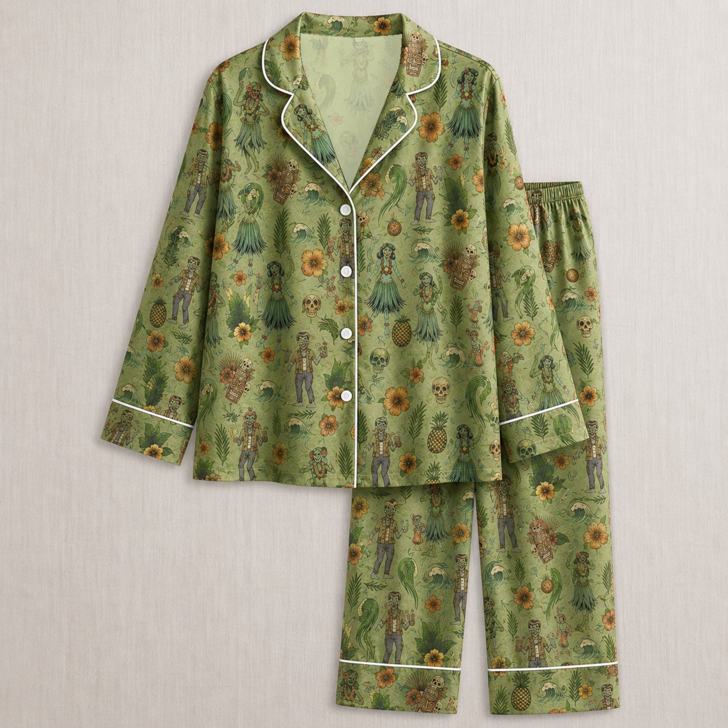 PJ-030-Satin Zombie Tiki White Piping Button Up Long/Short Pajama Set FREE SHIPING
