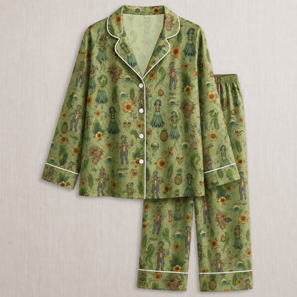 PJ-030-Satin Zombie Tiki White Piping Button Up Long/Short Pajama Set FREE SHIPING