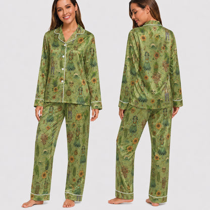 PJ-030-Satin Zombie Tiki White Piping Button Up Long/Short Pajama Set FREE SHIPING