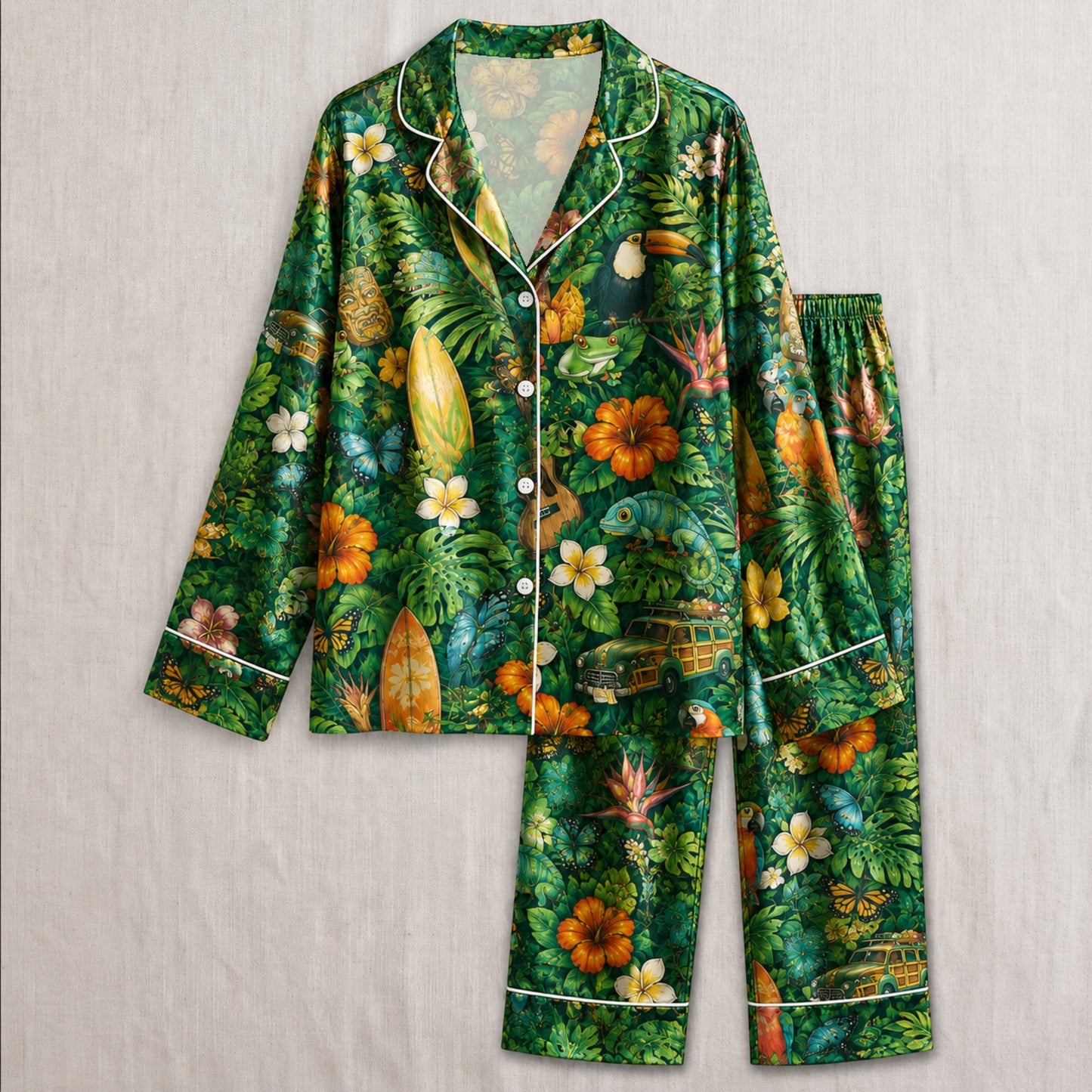 PJ-032-Satin Tropical Jungle White Piping Button Up Long/Short Pajama Set FREE SHIPING