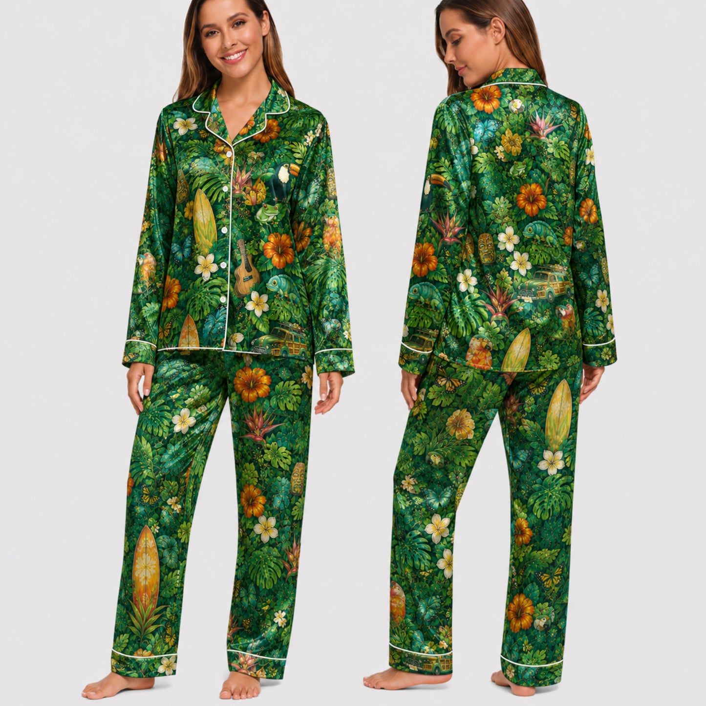 PJ-032-Satin Tropical Jungle White Piping Button Up Long/Short Pajama Set FREE SHIPING