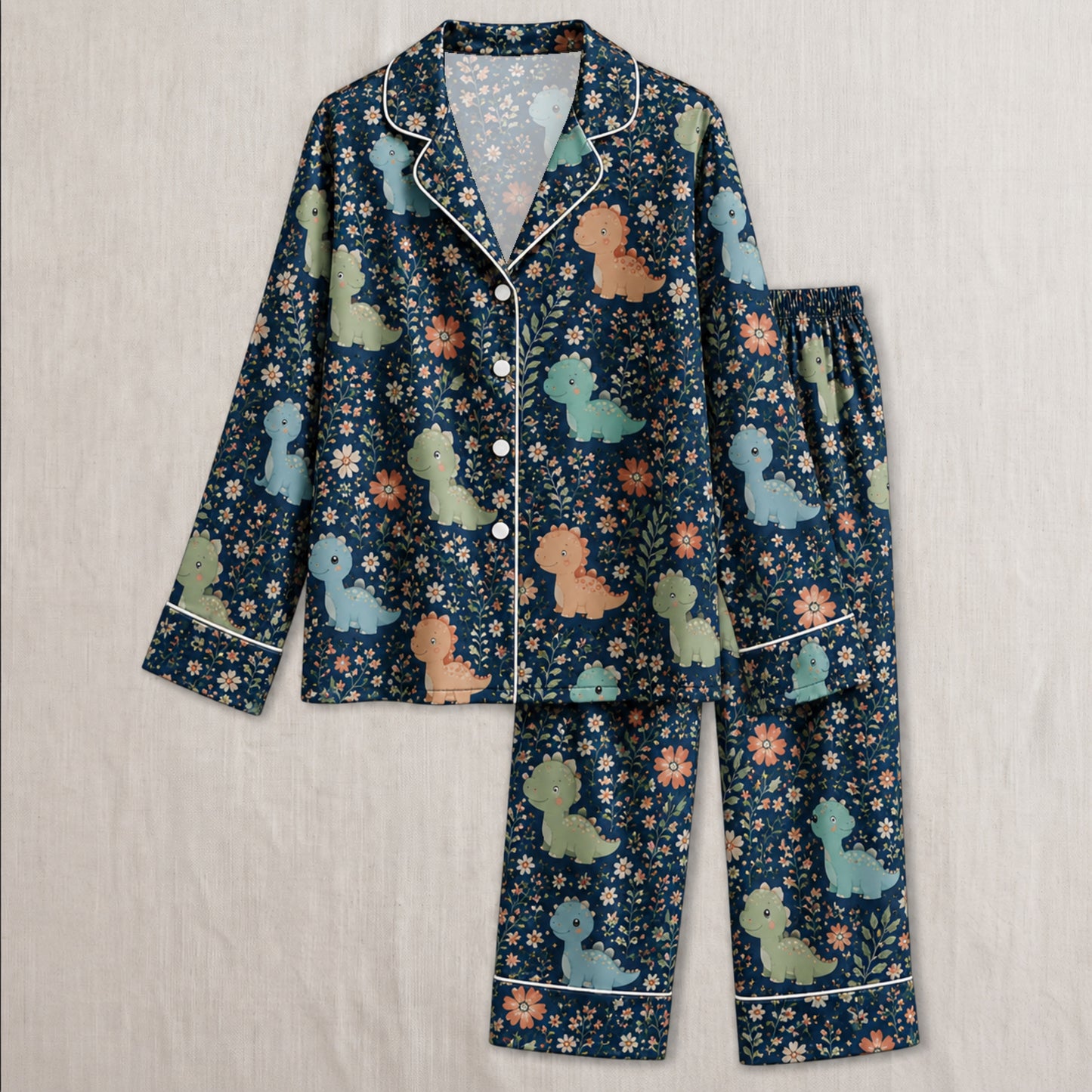 PJ-033-Satin Floral Dinosaur White Piping Button Up Long/Short Pajama Set FREE SHIPING