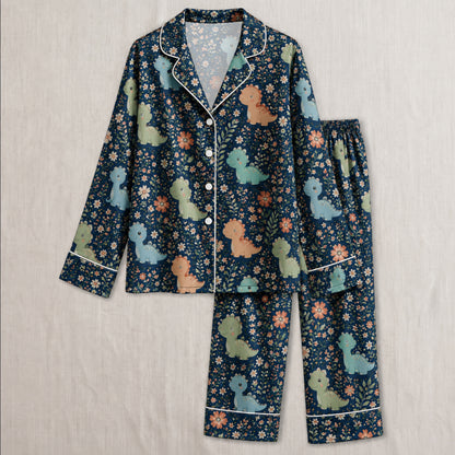 PJ-033-Satin Floral Dinosaur White Piping Button Up Long/Short Pajama Set FREE SHIPING