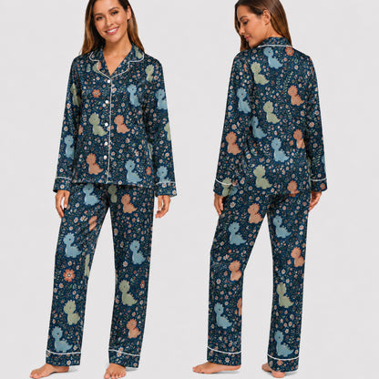PJ-033-Satin Floral Dinosaur White Piping Button Up Long/Short Pajama Set FREE SHIPING