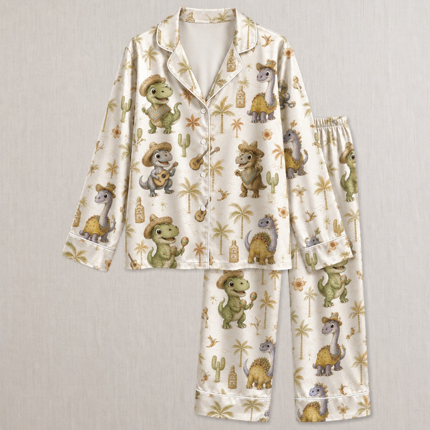 PJ-034-Satin Fiesta Dinosaur White Piping Button Up Long/Short Pajama Set FREE SHIPING