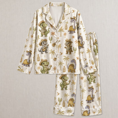 PJ-034-Satin Fiesta Dinosaur White Piping Button Up Long/Short Pajama Set FREE SHIPING