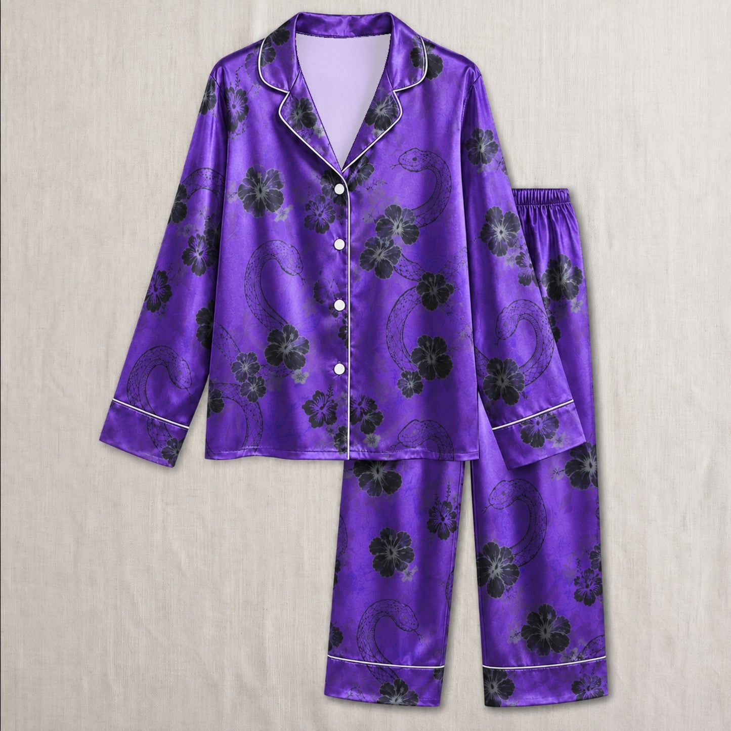 PJ-036-Satin Purple Floral Snake Button Up Pajama Set FREE SHIPING