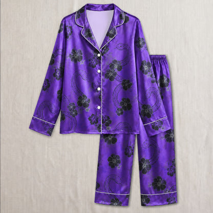 PJ-036-Satin Purple Floral Snake Button Up Pajama Set FREE SHIPING