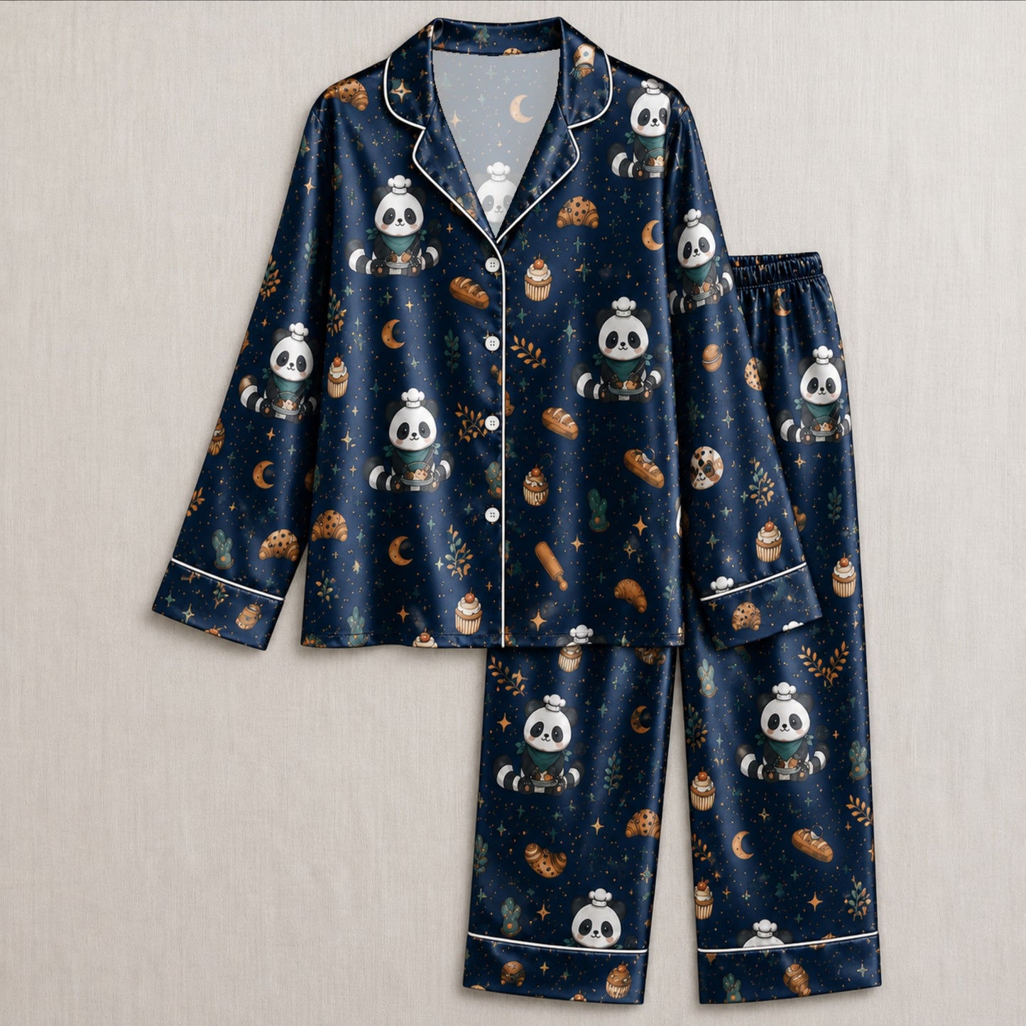 PJ-037-Satin Baker Panda White Piping Button Up Pajama Set FREE SHIPING
