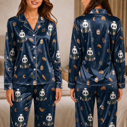 PJ-037-Satin Baker Panda White Piping Button Up Pajama Set FREE SHIPING
