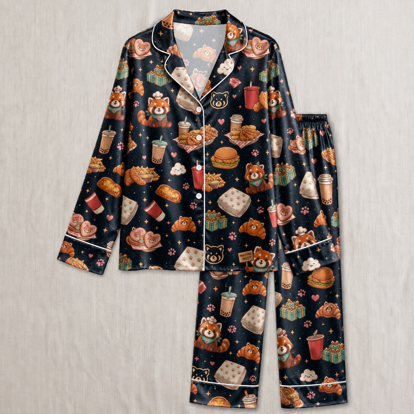 PJ-038-Satin Foodie Red Panda White Piping Button Up Pajama Set FREE SHIPING