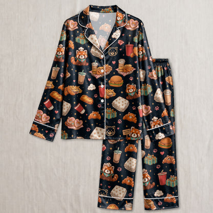 PJ-038-Satin Foodie Red Panda White Piping Button Up Pajama Set FREE SHIPING