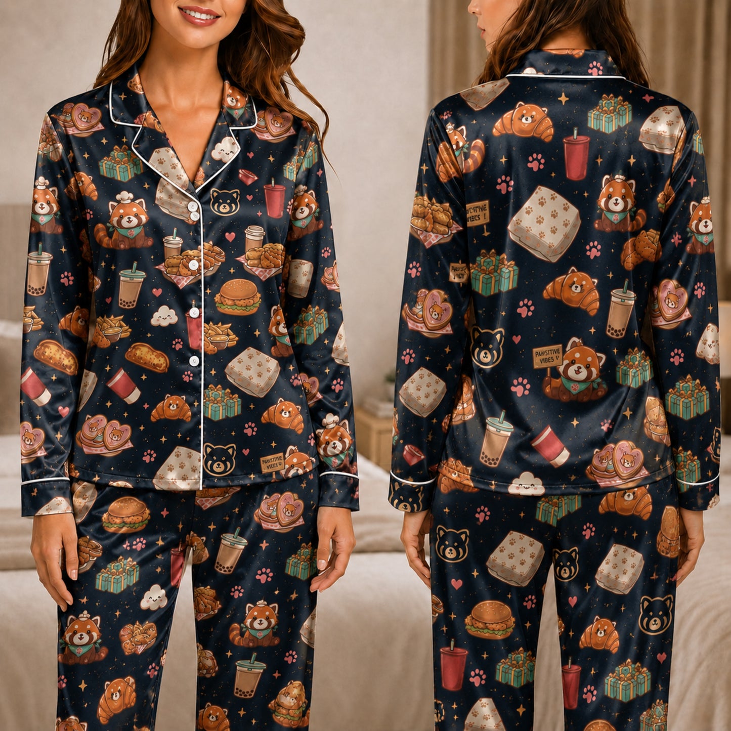 PJ-038-Satin Foodie Red Panda White Piping Button Up Pajama Set FREE SHIPING