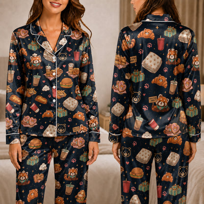 PJ-038-Satin Foodie Red Panda White Piping Button Up Pajama Set FREE SHIPING