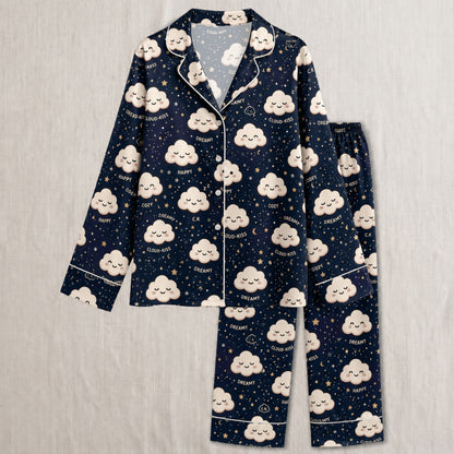 PJ-039-Satin Dreamy Cloud White Piping Button Up Pajama Set FREE SHIPING