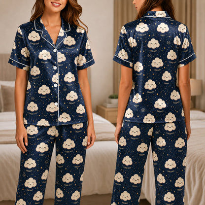 PJ-039-Satin Dreamy Cloud White Piping Button Up Pajama Set FREE SHIPING