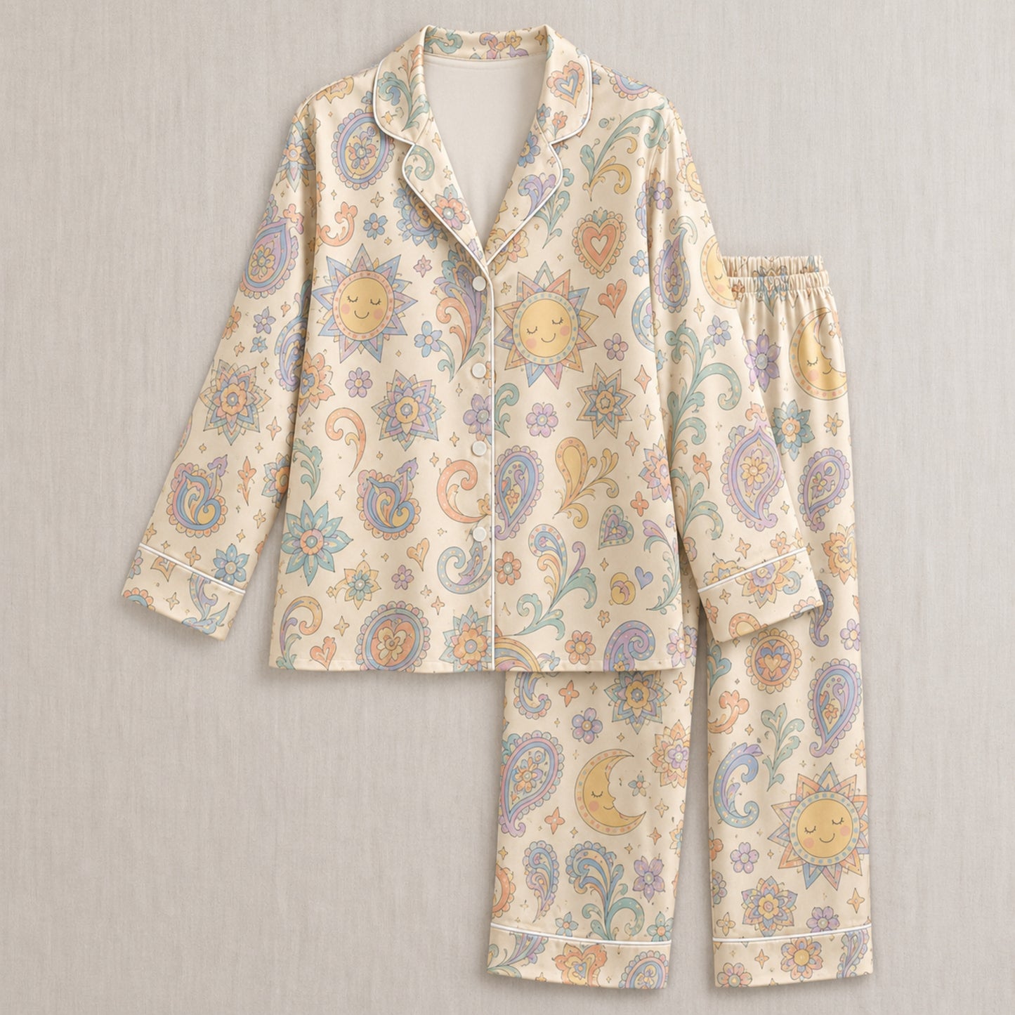 PJ-040-Satin Pastel Celestial White Piping Button Up Pajama Set FREE SHIPPING