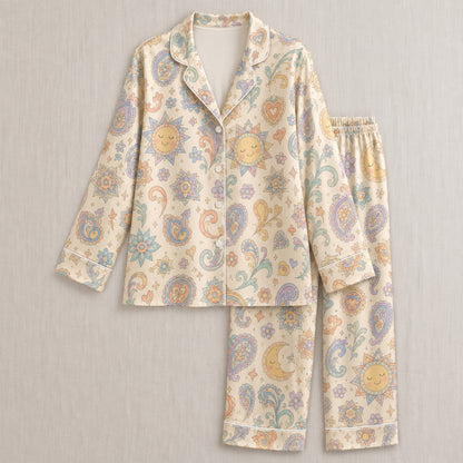 PJ-040-Satin Pastel Celestial White Piping Button Up Pajama Set FREE SHIPPING