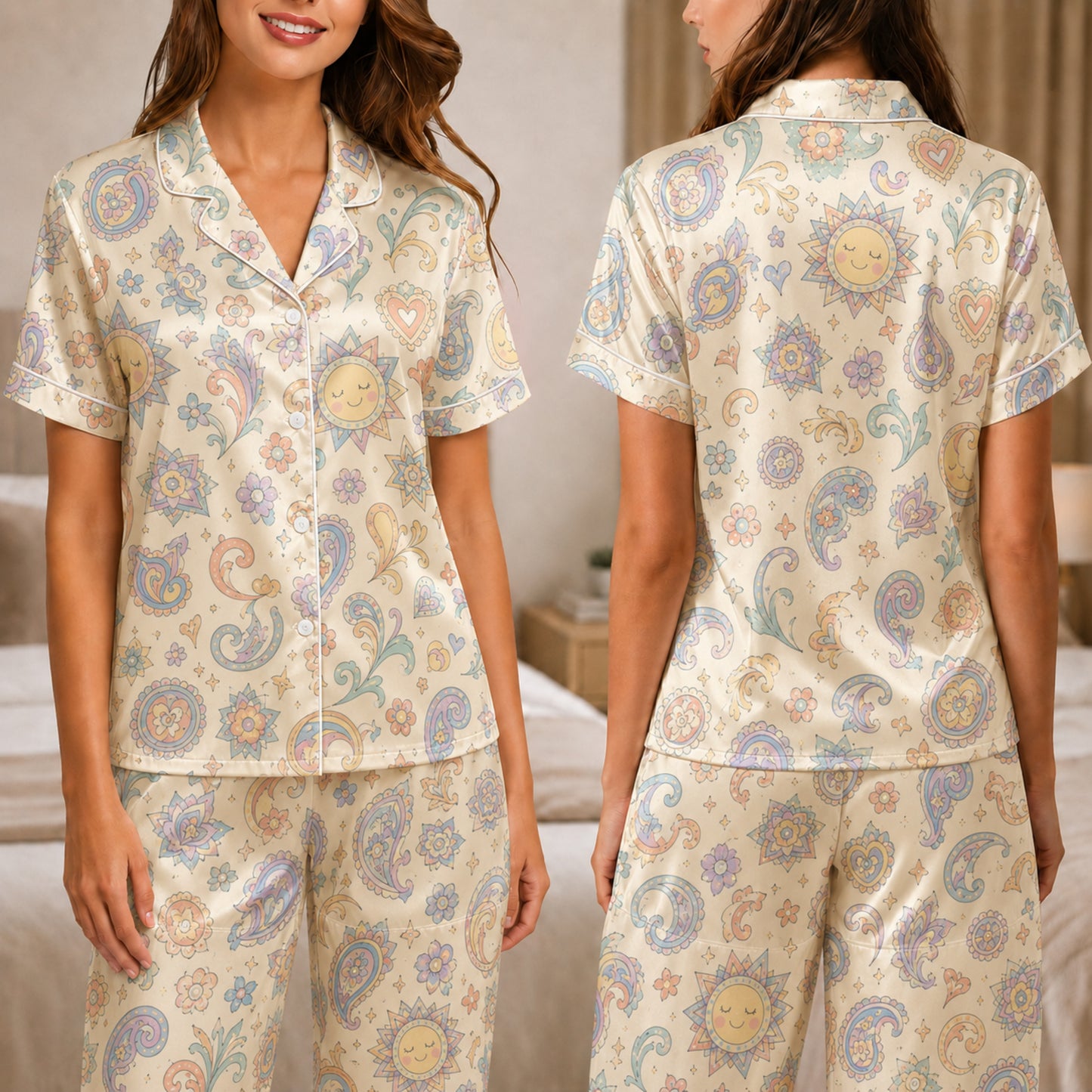 PJ-040-Satin Pastel Celestial White Piping Button Up Pajama Set FREE SHIPPING