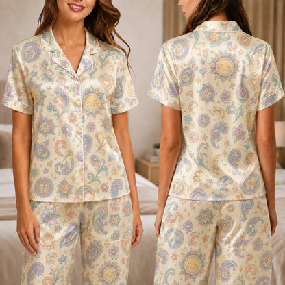 PJ-040-Satin Pastel Celestial White Piping Button Up Pajama Set FREE SHIPPING