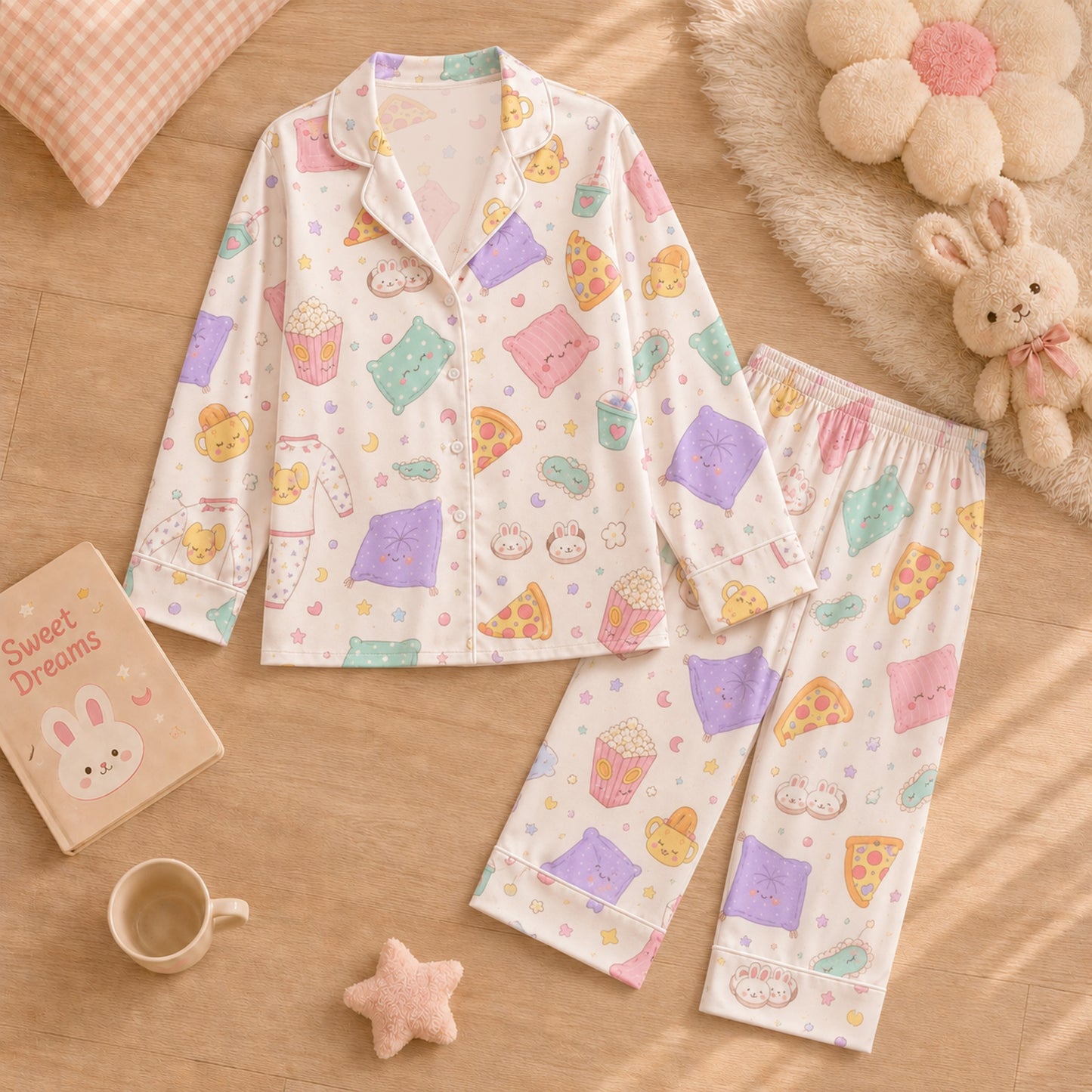PJ-042-Satin Pastel Slumber Party Pink Piping Button Up Long Pajama Set FREE SHIPING