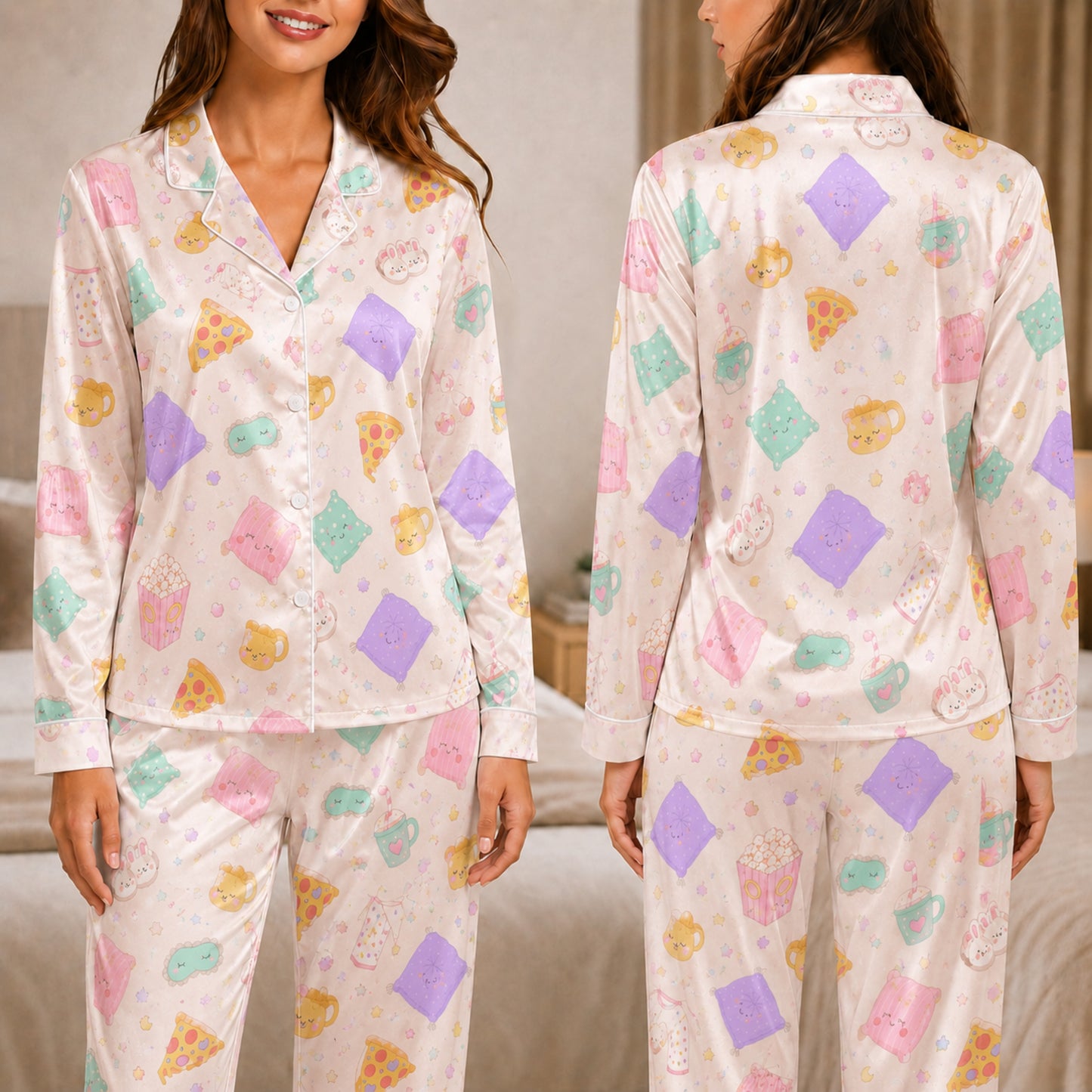 PJ-042-Satin Pastel Slumber Party Pink Piping Button Up Long Pajama Set FREE SHIPING