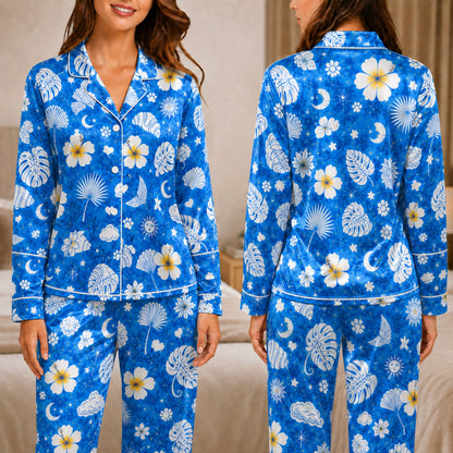 PJ-043-Satin Blue Tropical Floral White Piping Button Up Long/Short Pajama Set FREE SHIPING