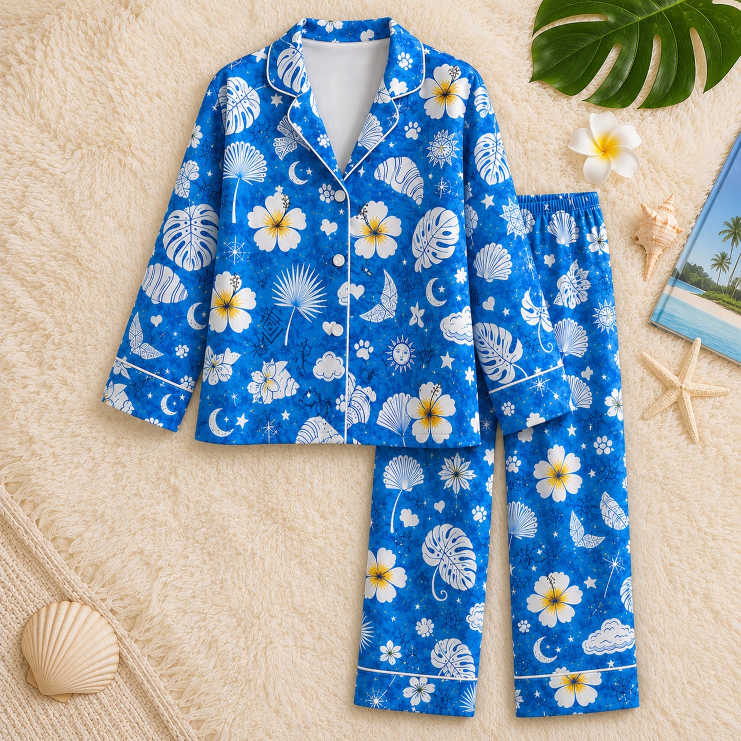 PJ-043-Satin Blue Tropical Floral White Piping Button Up Long/Short Pajama Set FREE SHIPING