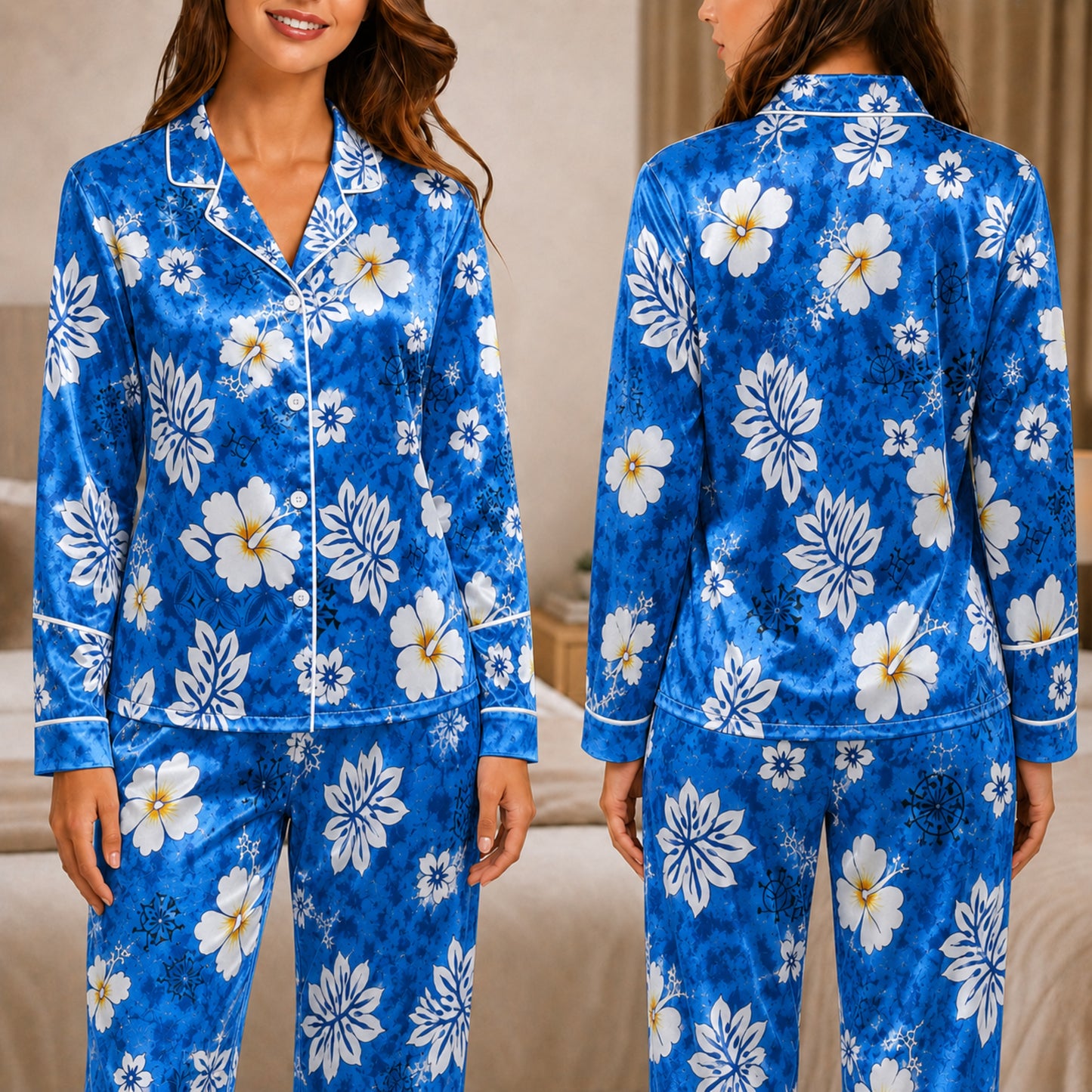 PJ-044-Satin Blue Hawaiian Floral White Piping Button Up Pajama Set FREE SHIPING