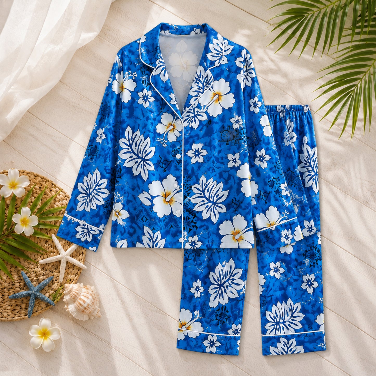 PJ-044-Satin Blue Hawaiian Floral White Piping Button Up Pajama Set FREE SHIPING