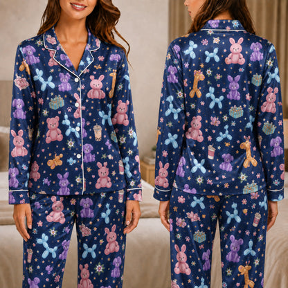 PJ-045-Satin Navy Balloon Animal & Plushie White Piping Button Up Pajama Set FREE SHIPING