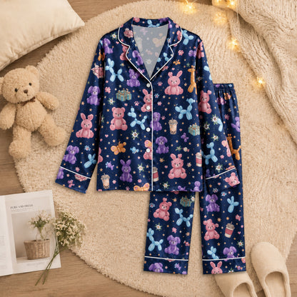 PJ-045-Satin Navy Balloon Animal & Plushie White Piping Button Up Pajama Set FREE SHIPING