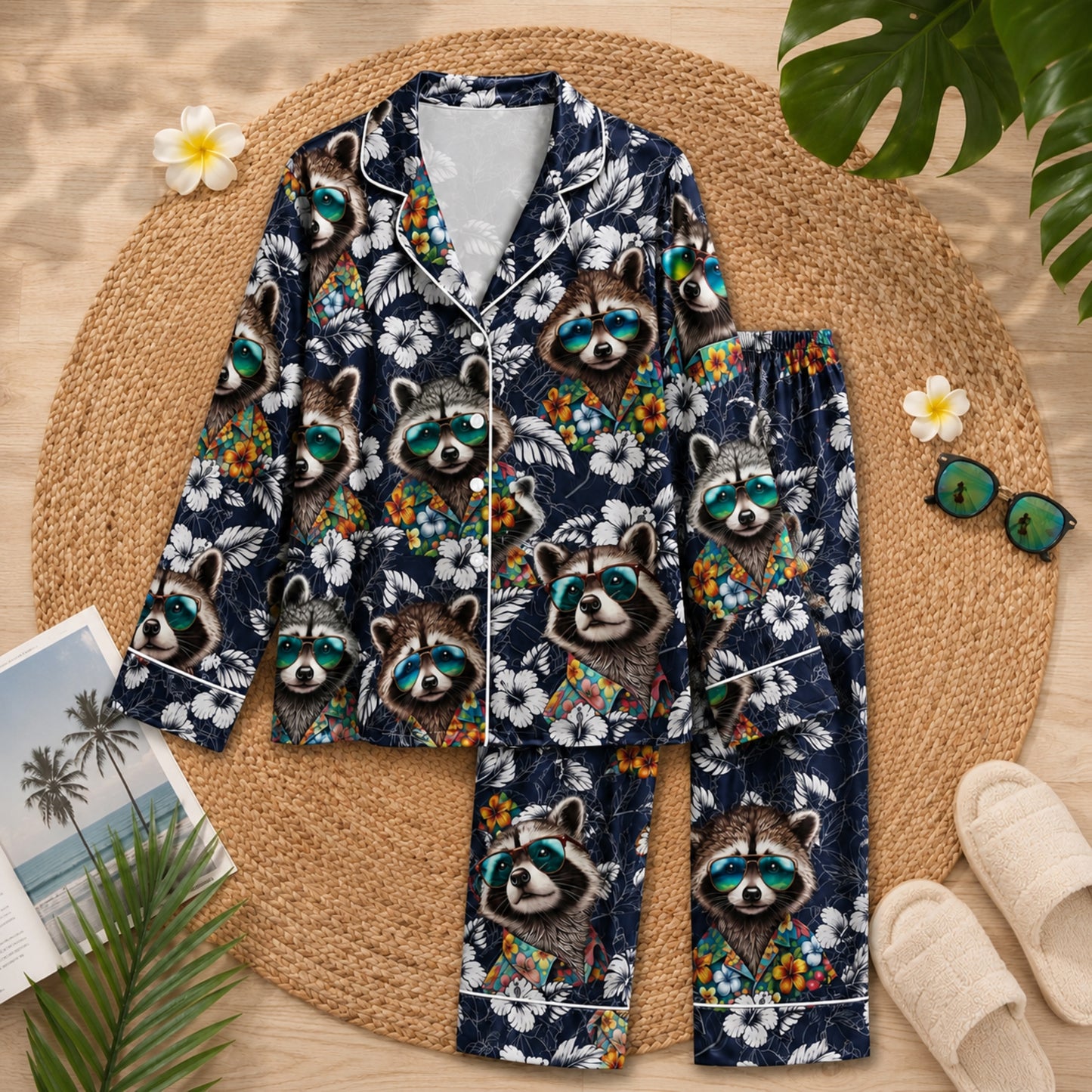 PJ-046-Satin Navy Tropical Raccoon White Piping Button Up Pajama Set FREE SHIPING