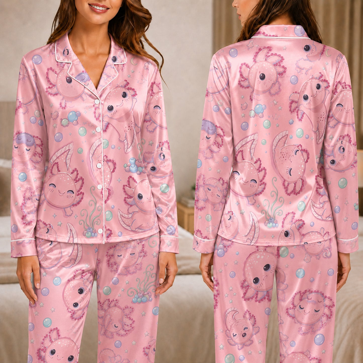 PJ-047-Satin Pink Axolotl White Piping Button Up Pajama Set FREE SHIPING