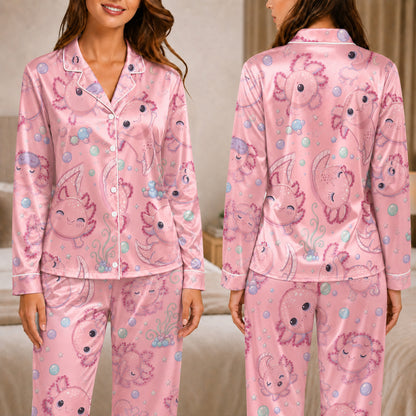 PJ-047-Satin Pink Axolotl White Piping Button Up Pajama Set FREE SHIPING