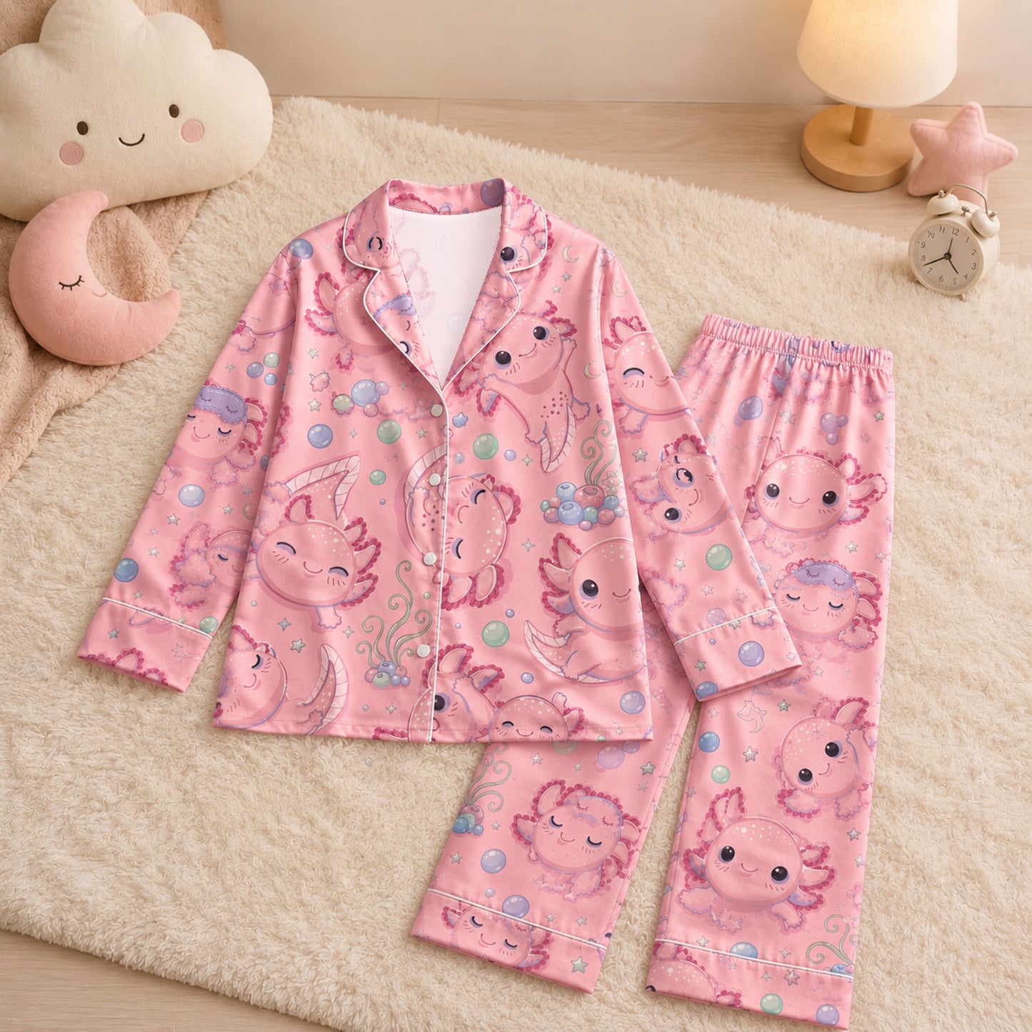 PJ-047-Satin Pink Axolotl White Piping Button Up Pajama Set FREE SHIPING