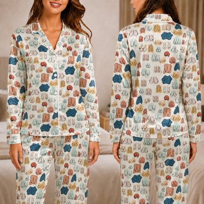 PJ-048-Satin Colorful Abstract Line Art White Piping Button Up Pajama Set FREE SHIPING