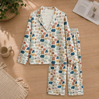 PJ-048-Satin Colorful Abstract Line Art White Piping Button Up Pajama Set FREE SHIPING